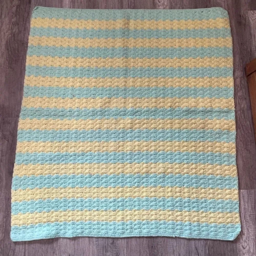 Vintage Handmade Mint Green & Yellow stripe afghan lap‎ blanket throw camp